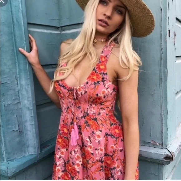 Free People Washed Ashore Mini Dress Size Medium Pink Lined Flowy Floral Dress - Picture 14 of 16